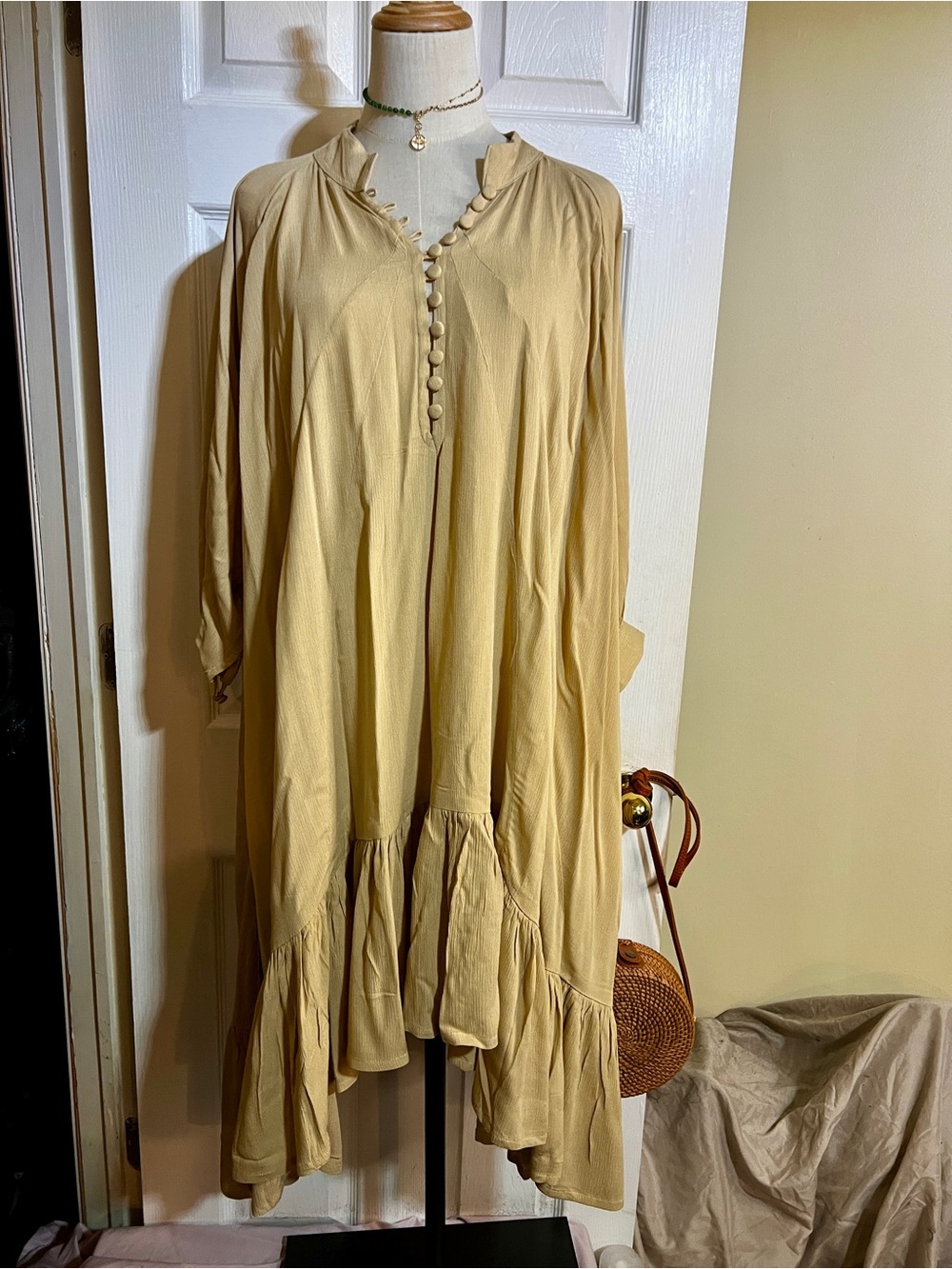 New Myrah Penaloza Beige Crinkle Gauze Pleated Asymmetric Boho Artsy Midi Dress